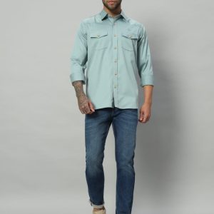 GC-MS-DC 0010 GURHEE CLASSIC SEA BLUE SPREAD COLLAR MEN'S COTTON SATIN SHIRT